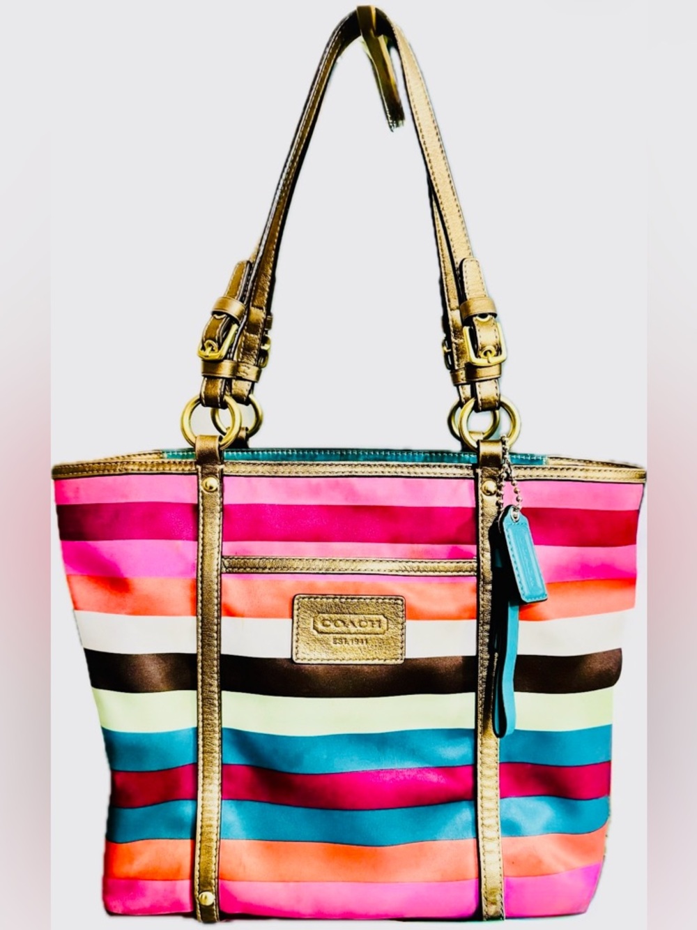 Coach Legacy Satin Stripe Tote Bag with metallic leather trim 2009 (F14009) GUC
